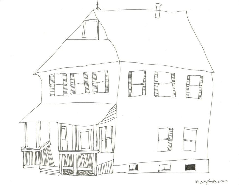 It's the first house with a missing window, sketched by hand.